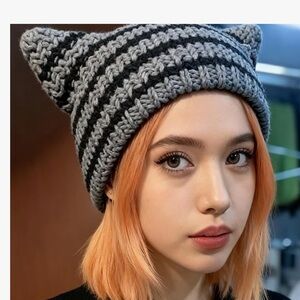 Striped Black and Gray cat crochet Knit Beanie